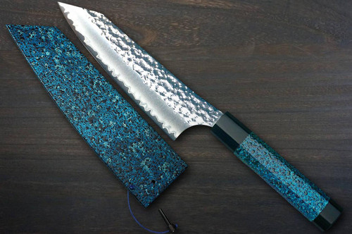 Yu Kurosaki R2(SG2) Hammered SENKO-EI WA INDIGO Japanese Chef's Bunka Knife 165mm with Indigo-dyed Handle and Saya Sheath [AI-TENMOKU] 
