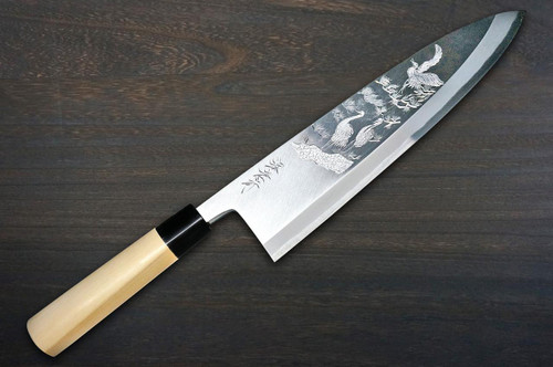 Sakai Takayuki Kasumitogi Buffalo Tsuba Engraving Art Japanese Chef's Deba Knife 210mm Maizuru(Japanese Crane) 