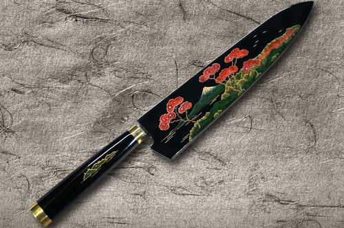 Takeshi Saji Makie-Art R2(SG2) Mirrored Damascus Japanese Chef's Gyuto Knife 240mm with Urushi Lacquered Saya and Handle FUJI on LAKE(PN) 