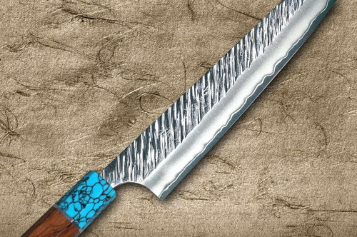 Yu Kurosaki SPG2 Clad FUJIN WA RSTCA Japanese Chef's Slicer(Sujihiki) 270mm with Blue Turquoise & Rosewood Handle 