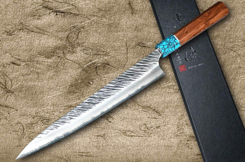 Yu Kurosaki SPG2 Clad FUJIN WA RSTCA Japanese Chef's Slicer(Sujihiki) 270mm with Blue Turquoise & Rosewood Handle 