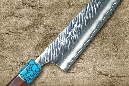 Yu Kurosaki SPG2 Clad FUJIN WA RSTCA Japanese Chef's Gyuto Knife 240mm with Blue Turquoise & Rosewood Handle 