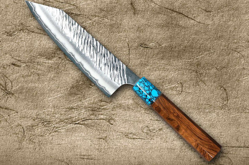 Yu Kurosaki SPG2 Clad FUJIN WA RSTCA Japanese Chef's Bunka Knife 165mm with Blue Turquoise & Rosewood Handle 