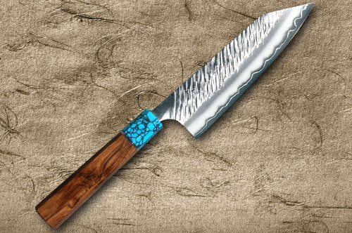Yu Kurosaki SPG2 Clad FUJIN WA RSTCA Japanese Chef's Bunka Knife 165mm with Blue Turquoise & Rosewood Handle 