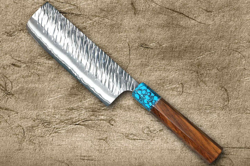 Yu Kurosaki SPG2 Clad FUJIN WA RSTCA Japanese Chef's Nakiri(Vegetable) 165mm with Blue Turquoise & Rosewood Handle 