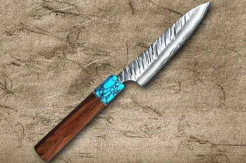Yu Kurosaki SPG2 Clad FUJIN WA RSTCA Japanese Chef's Petty Knife(Utility) 120mm with Blue Turquoise & Rosewood Handle 