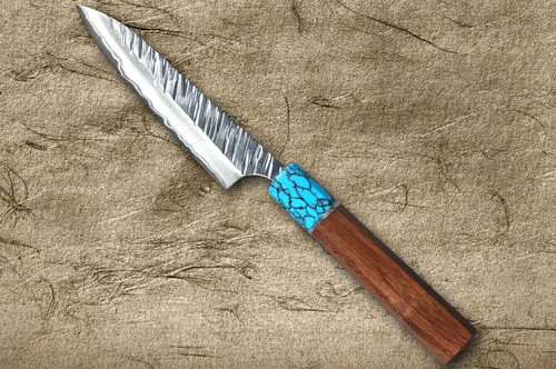 Yu Kurosaki SPG2 Clad FUJIN WA RSTCA Japanese Chef's Petty Knife(Utility) 120mm with Blue Turquoise & Rosewood Handle 