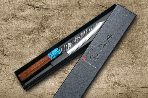 Yu Kurosaki SPG2 Clad FUJIN WA RSTCA Japanese Chef's Petty Knife(Utility) 120mm with Blue Turquoise & Rosewood Handle 