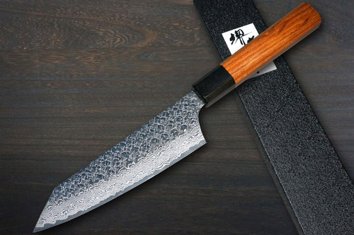 Sakai Takayuki SPG2 Damascus Hammered WA Japanese Chef's Kengata-Santoku Knife 160mm with Black-Ring Octagonal Rosewood Handle
