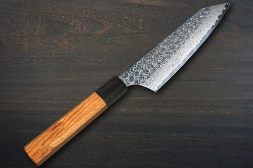 Sakai Takayuki SPG2 Damascus Hammered WA Japanese Chef's Kengata-Santoku Knife 160mm with Black-Ring Octagonal Rosewood Handle