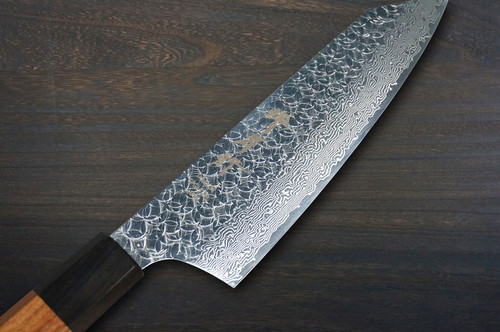 Sakai Takayuki SPG2 Damascus Hammered WA Japanese Chef's Kengata-Santoku Knife 160mm with Black-Ring Octagonal Rosewood Handle