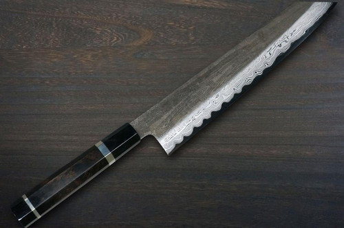 Satoshi Nakagawa Aogami#1 Damascus Kurouchi EBBFB2 Japanese Chef's Kiritsuke-Gyuto Knife 240mm with Double Buffalo Ringed Ebony Handle 