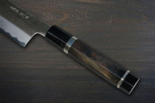 Satoshi Nakagawa Aogami#1 Damascus Kurouchi EBBFB2 Japanese Chef's Kiritsuke-Gyuto Knife 240mm with Double Buffalo Ringed Ebony Handle 