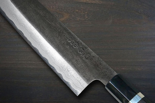 Satoshi Nakagawa Aogami#1 Damascus Kurouchi EBBFB2 Japanese Chef's Kiritsuke-Gyuto Knife 240mm with Double Buffalo Ringed Ebony Handle 