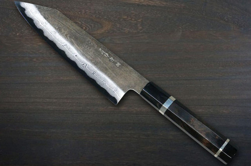 Satoshi Nakagawa Aogami#1 Damascus Kurouchi EBBFB2 Japanese Chef's Bunka Knife 170mm with Double Buffalo Ringed Ebony Handle 
