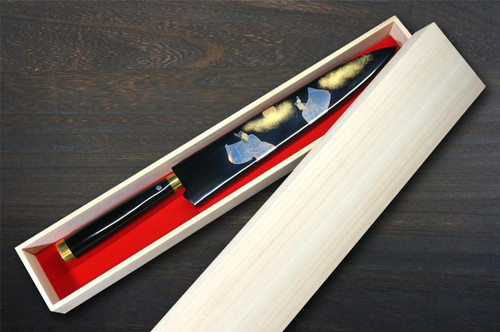 Takeshi Saji Makie-Art VG10W Colored Damascus Japanese Chef's Slicer(Sujihiki) 270mm with Urushi Lacquered Saya and Handle [Takekawa] MURASAKI SHIKIBU 1000th Anniversary 