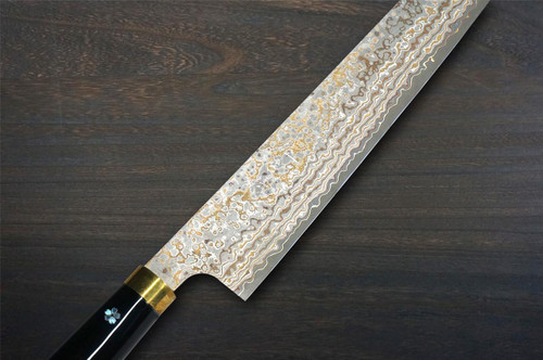 Takeshi Saji Makie-Art VG10W Colored Damascus Japanese Chef's Slicer(Sujihiki) 270mm with Urushi Lacquered Saya and Handle [Takekawa] MURASAKI SHIKIBU 1000th Anniversary 