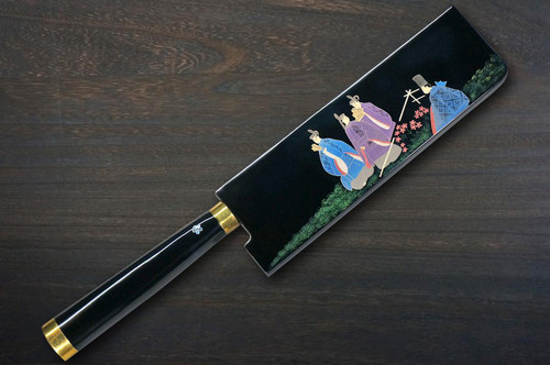 Takeshi Saji Makie-Art VG10W Colored Damascus Japanese Chef's Nakiri(Vegetable) 170mm with Urushi Lacquered Saya and Handle [Tokonatsu] MURASAKI SHIKIBU 1000th Anniversary 