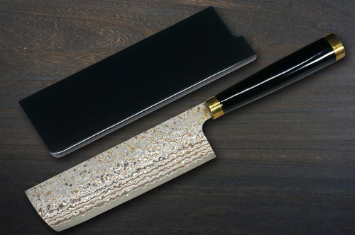 Takeshi Saji Makie-Art VG10W Colored Damascus Japanese Chef's Nakiri(Vegetable) 170mm with Urushi Lacquered Saya and Handle [Tokonatsu] MURASAKI SHIKIBU 1000th Anniversary 