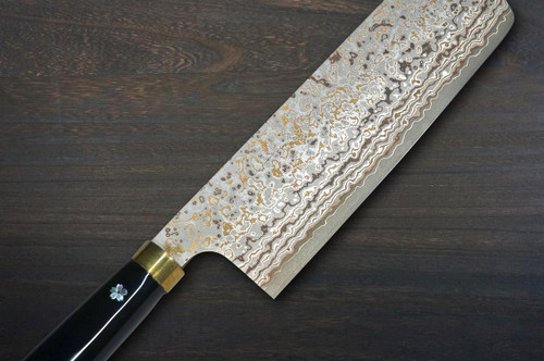 Takeshi Saji Makie-Art VG10W Colored Damascus Japanese Chef's Nakiri(Vegetable) 170mm with Urushi Lacquered Saya and Handle [Tokonatsu] MURASAKI SHIKIBU 1000th Anniversary 