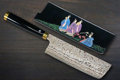 Takeshi Saji Makie-Art VG10W Colored Damascus Japanese Chef's Nakiri(Vegetable) 170mm with Urushi Lacquered Saya and Handle [Tokonatsu] MURASAKI SHIKIBU 1000th Anniversary 