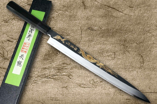 Sakai Takayuki White Steel Kurouchi Gold-Engraving Art Japanese Chef's Yanagiba(Sashimi) 300mm with Ebony Handle [Tenryu (Dragon)] 