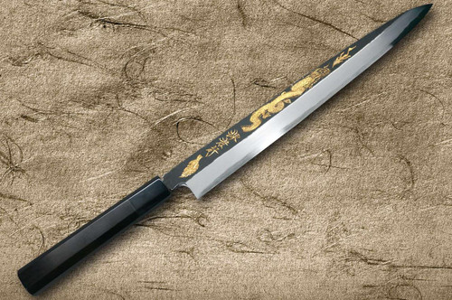 Sakai Takayuki White Steel Kurouchi Gold-Engraving Art Japanese Chef's Yanagiba(Sashimi) 300mm with Ebony Handle [Shoryu (Rising Dragon)] 