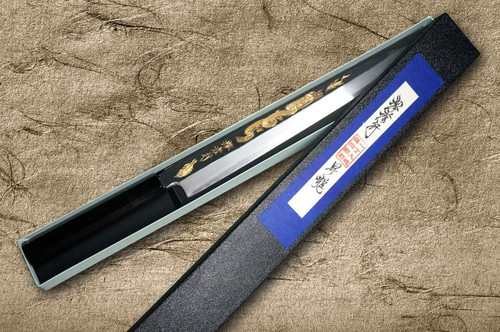 Sakai Takayuki White Steel Kurouchi Gold-Engraving Art Japanese Chef's Yanagiba(Sashimi) 300mm with Ebony Handle [Shoryu (Rising Dragon)] 