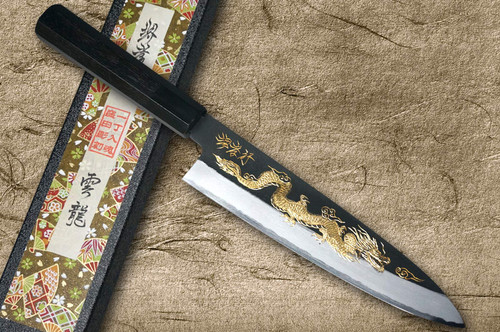 Sakai Takayuki White Steel Kurouchi Gold-Engraving Art Japanese Chef's Gyuto Knife 210mm with Ebony Handle [Unryu (Dragon)]