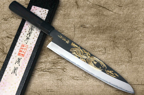 Sakai Takayuki White Steel Kurouchi Gold-Engraving Art Japanese Chef's Gyuto Knife 240mm with Ebony Handle [Houou (Phoenix)] 