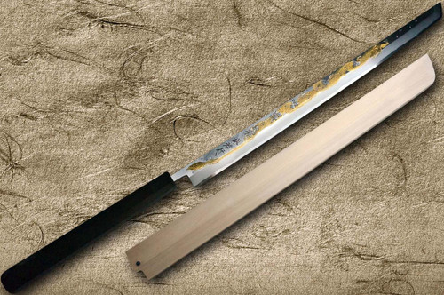 Sakai Takayuki KEISHOURYU Gold Dragon Engraving Japanese Chef's Tuna-Kiri 540mm Tokujyo Supreme (White 2 steel) with Water Buffalo Ebony Handle and Saya Sheath 