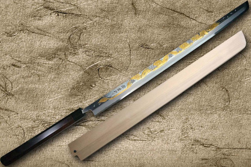 Sakai Takayuki KEISHOURYU Gold Dragon Engraving Japanese Chef's Tuna-Kiri 600mm Tokujyo Supreme (White 2 steel) with Water Buffalo Ebony Handle and Saya Sheath 