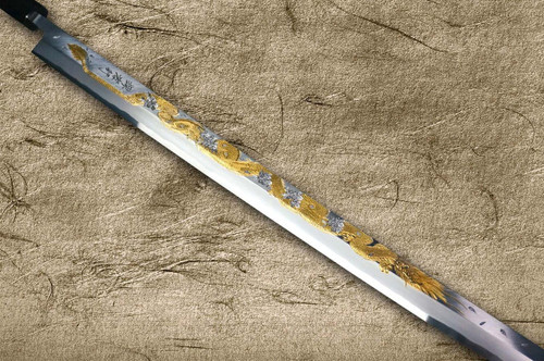 Sakai Takayuki KEISHOURYU Gold Dragon Engraving Japanese Chef's Tuna-Kiri 600mm Tokujyo Supreme (White 2 steel) with Water Buffalo Ebony Handle and Saya Sheath 