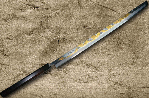 Sakai Takayuki KEISHOURYU Gold Dragon Engraving Japanese Chef's Tuna-Kiri 600mm Tokujyo Supreme (White 2 steel) with Water Buffalo Ebony Handle and Saya Sheath 
