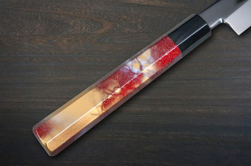 Sakai Takayuki ZANGETSU Honyaki Ginsan Japanese Chef's Whole-Mirrored Kengata-Yanagiba(Sashimi) 360mm with Artistic RINKA Handle 