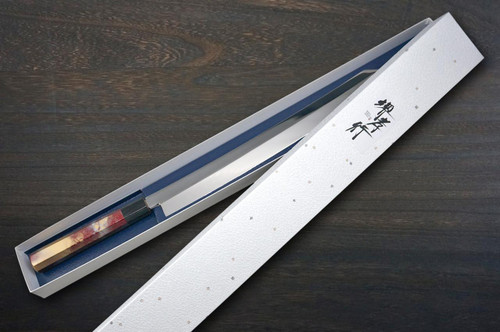 Sakai Takayuki ZANGETSU Honyaki Ginsan Japanese Chef's Whole-Mirrored Kengata-Yanagiba(Sashimi) 360mm with Artistic RINKA Handle 