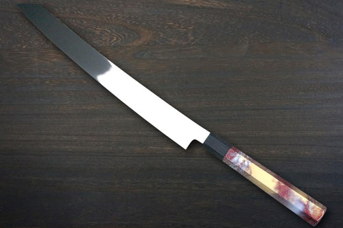 Sakai Takayuki ZANGETSU Honyaki Ginsan Japanese Chef's Whole-Mirrored Kengata-Yanagiba(Sashimi) 360mm with Artistic RINKA Handle 