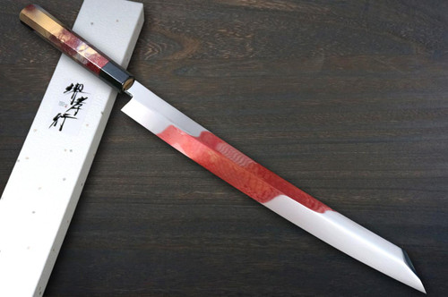 Sakai Takayuki ZANGETSU Honyaki Ginsan Japanese Chef's Whole-Mirrored Kengata-Yanagiba(Sashimi) 360mm with Artistic RINKA Handle 