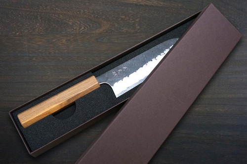 Yoshimi Kato Aogami Super Kurouchi Hammered OL8N Japanese Chef's Santoku Knife 170mm with Olive Handle 