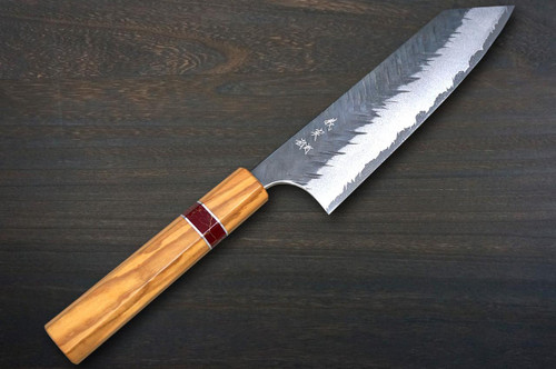Yoshimi Kato Aogami Super Kurouchi V-Hammered OL8N Japanese Chef's Bunka Knife 170mm with Olive Handle [Red Turquoise Ring] 