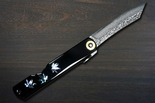 HIGONOKAMI Nagao Kanekoma VG10 Damascus Raden-Makie-Art Folding Petty Knife(Utility) 75mm with Raden Makie Urushi Handle MOMIJI 