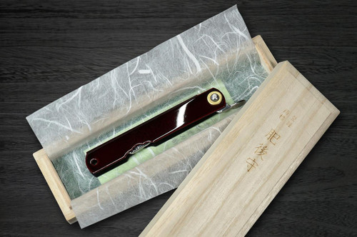 HIGONOKAMI Nagao Kanekoma VG10 Damascus Raden-Makie-Art Folding Petty Knife(Utility) 75mm with Red Urushi Handle KURENAI 