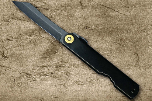 HIGONOKAMI Nagao Kanekoma Aogami All Black Coating Folding Petty Knife(Utility) 72mm with Black Brass Handle 