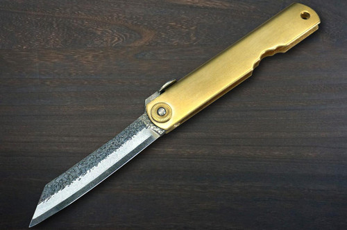 HIGONOKAMI Nagao Kanekoma Aogami Kurouchi Hammered Folding Petty Knife(Utility) 72mm with Brass Handle 