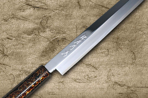 Sakai Takayuki AIDU-NURI Art Mirrored Ginsan Japanese Chef's Yanagiba(Sashimi) 300mm with Japanese Urushi Lacquered Handle and Saya Sheath [GOLD-MUSHIKUI] 