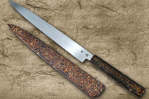 Sakai Takayuki AIDU-NURI Art Mirrored Ginsan Japanese Chef's Yanagiba(Sashimi) 300mm with Japanese Urushi Lacquered Handle and Saya Sheath [GOLD-MUSHIKUI] 