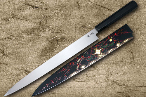 Sakai Takayuki AIDU-NURI Art Mirrored Ginsan Japanese Chef's Yanagiba(Sashimi) 300mm with Japanese Urushi Lacquered Handle and Saya Sheath [BLACK-AIDUE] 