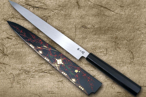 Sakai Takayuki AIDU-NURI Art Mirrored Ginsan Japanese Chef's Yanagiba(Sashimi) 300mm with Japanese Urushi Lacquered Handle and Saya Sheath [BLACK-AIDUE] 