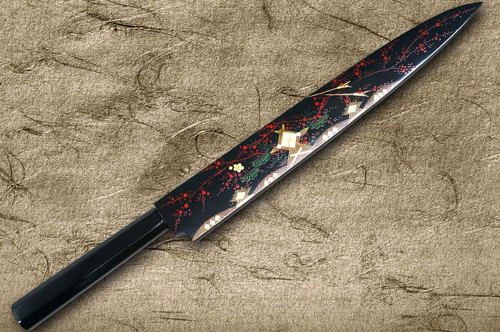 Sakai Takayuki AIDU-NURI Art Mirrored Ginsan Japanese Chef's Yanagiba(Sashimi) 300mm with Japanese Urushi Lacquered Handle and Saya Sheath [BLACK-AIDUE] 