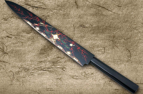 Sakai Takayuki AIDU-NURI Art Mirrored Ginsan Japanese Chef's Yanagiba(Sashimi) 300mm with Japanese Urushi Lacquered Handle and Saya Sheath [BLACK-AIDUE] 